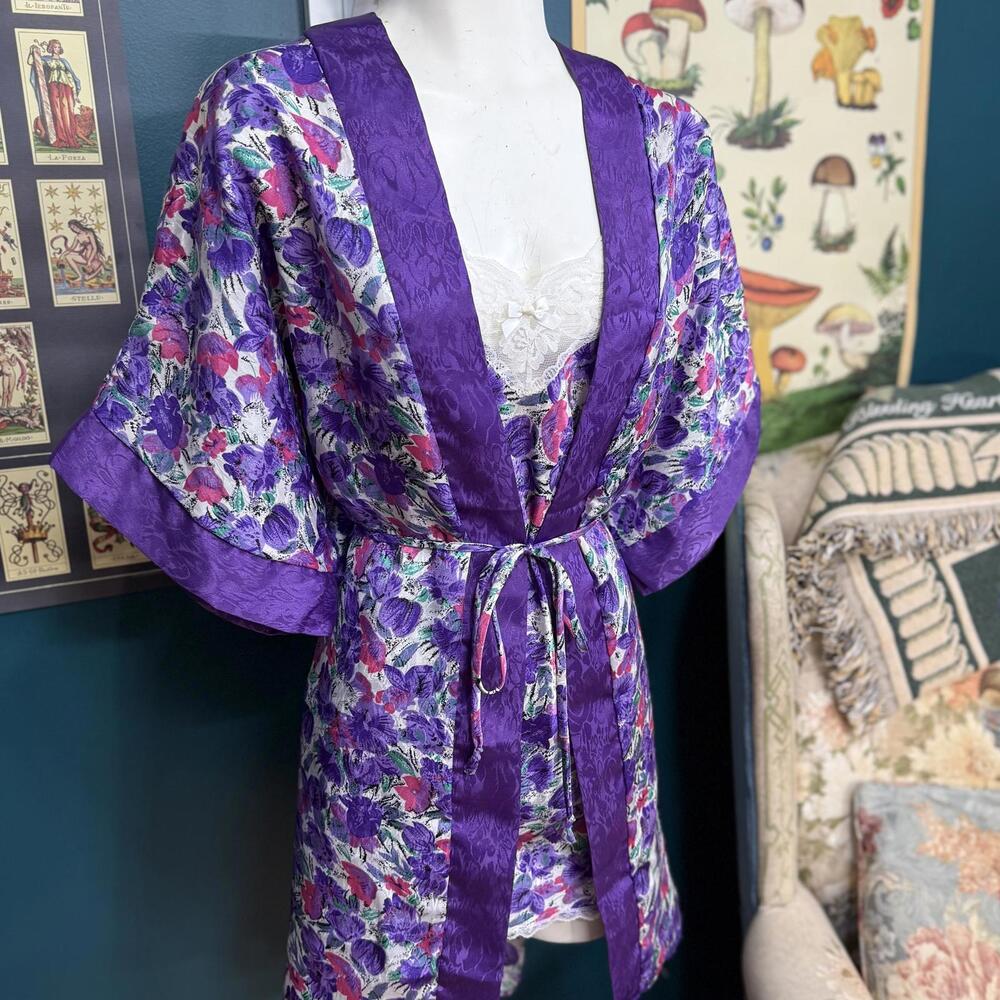 Vintage 70s Kasara Purple Floral Lingerie Set Slip Dress & Robe size M